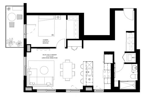 Floor plan for 1 bed, 1 bath, 780 sqft